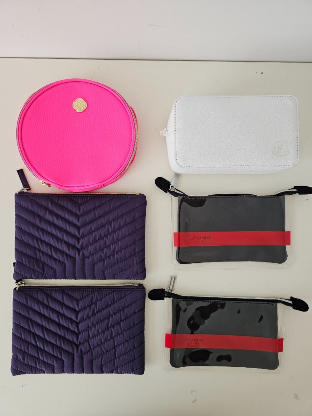 New SHISEIDO Black, Purple, White & Pink Zippered Cosmetic Pouches, Set of 6